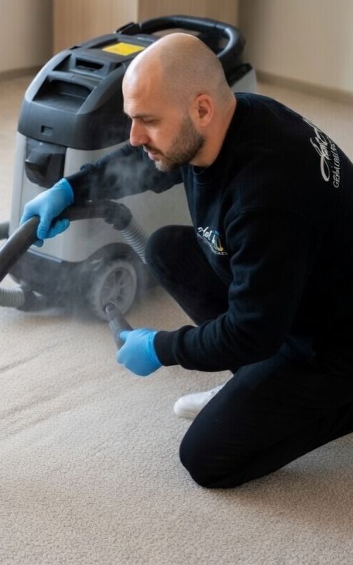 Verschmutzter Teppich wird professionell gereinigt